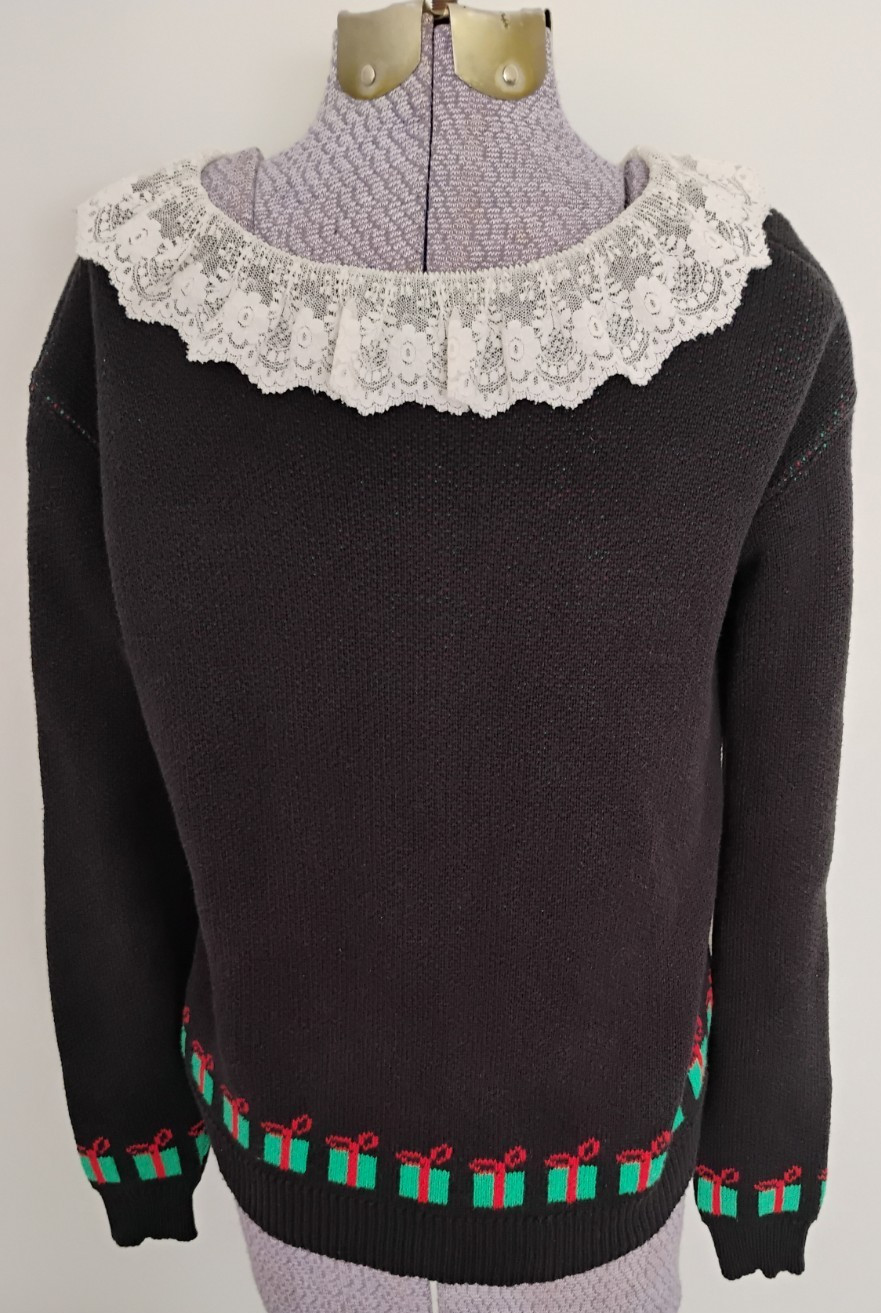 Vtg Christmas Cardigan Sweater Women’s Lace Collar Cottagecore USA L Holiday