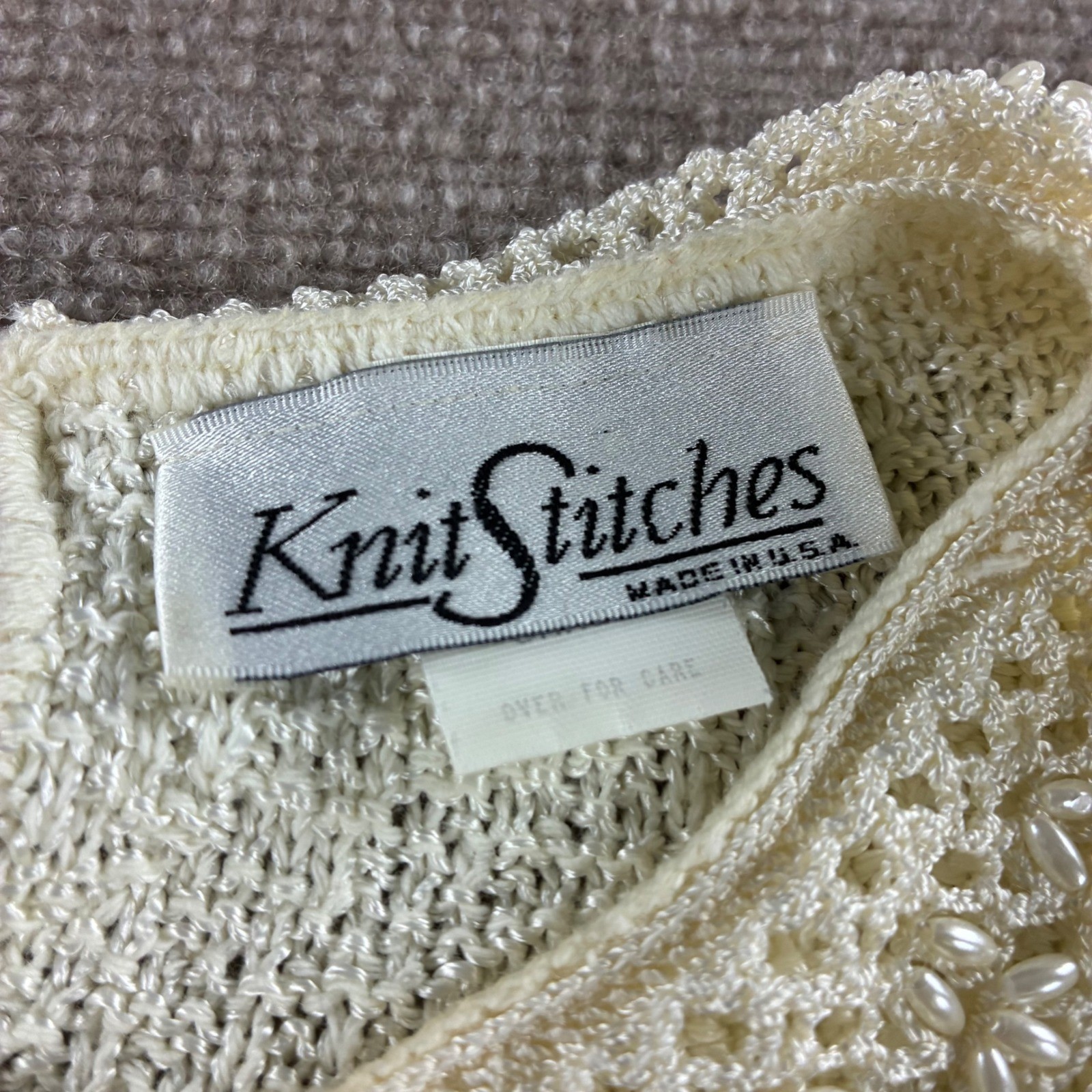 Knit Stitches Womens Cream Boucle 2 Piece Set Lace Pearl Collar Cardigan Top USA