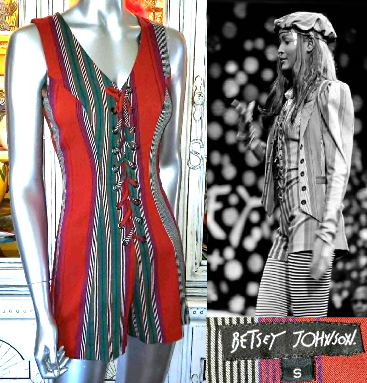 Vintage Betsey Johnson 90s RUNWAY Striped Corset Lace Up Romper Jumpsuit Small