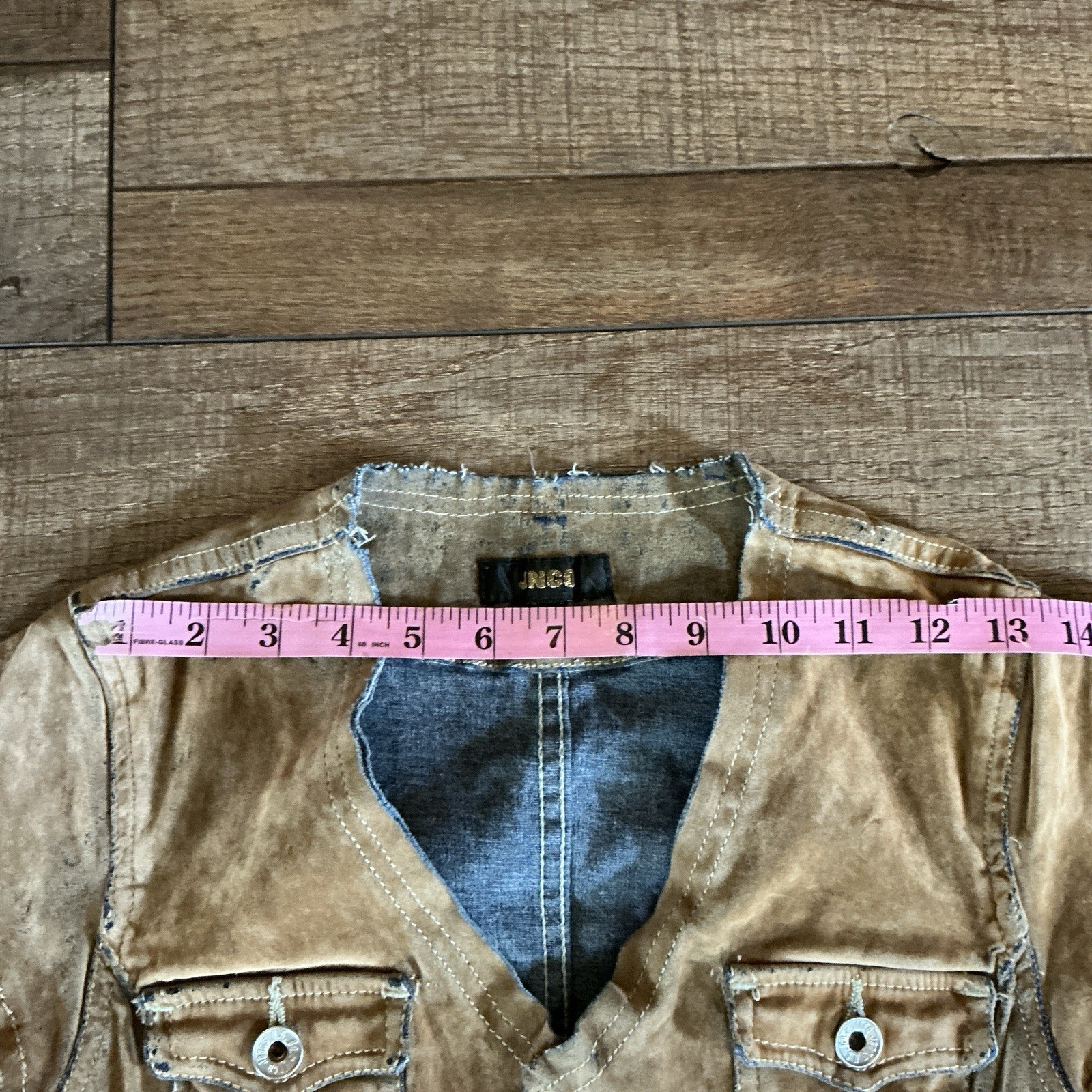 VTG JNCO Suede-Feel Jumpsuit Size M Tan Flare Leg Cap Sleeve Snap Front Y2K #36F