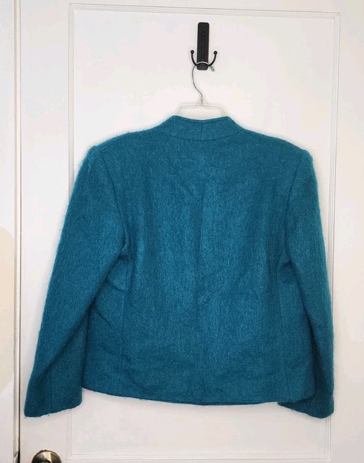 Vintage Lombardi Inc. Womens Mohair Blazer Jacket Open Front Teal Blue Sz 10