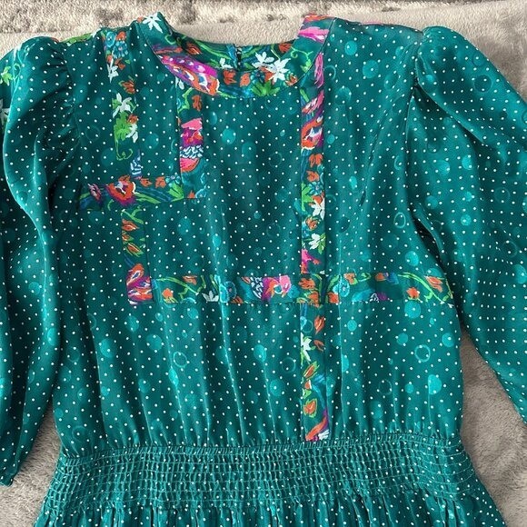Vintage Susan Freis Green Polka Dot Pleated Dress Women’s MEDIUM 80s