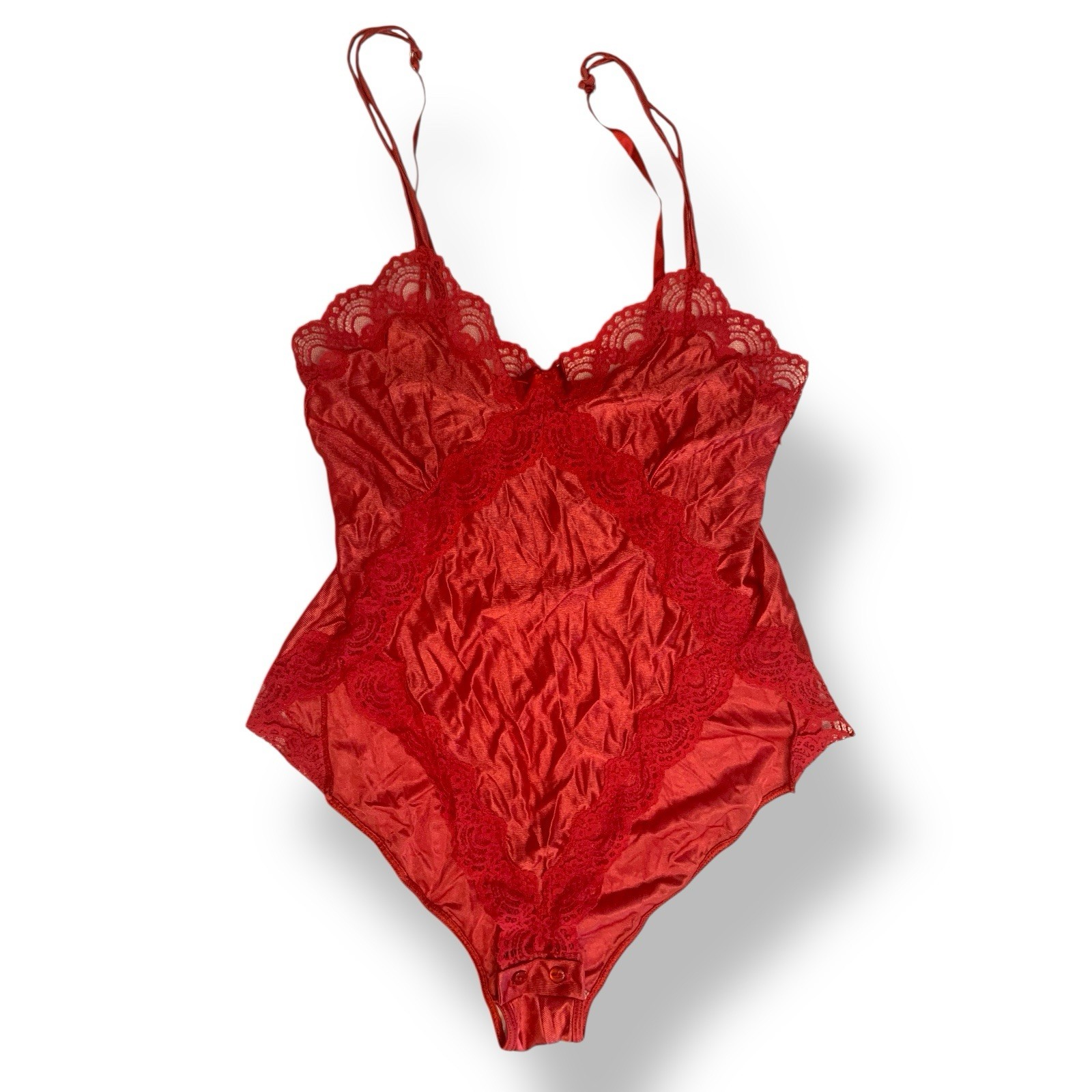 Vtg Size 14 M Boudoir Coral Red Nylon Teddy Pin-Up Hi Cut Lace Button Sexy 80s