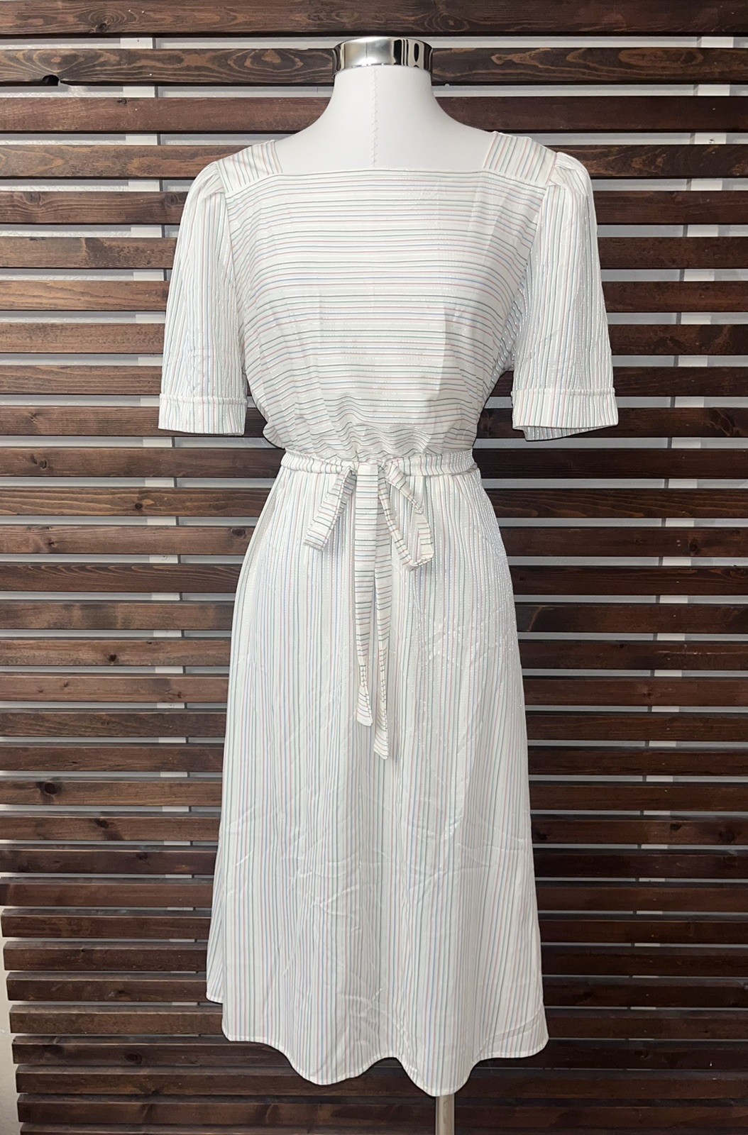 1970s Vintage White Pink Green Purple Striped Silver Metallic Tie Waist Dress