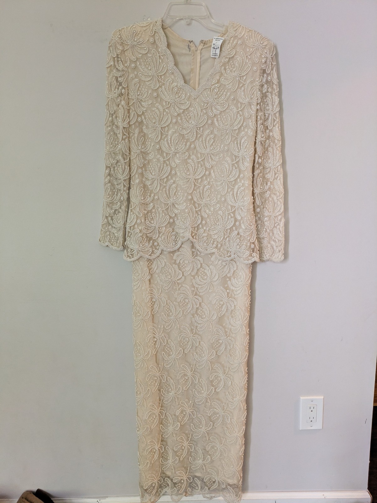 VTG Laurence Kazar Showstopper Pearl & Beaded Dragonfly Lace Ivory Formal Dress