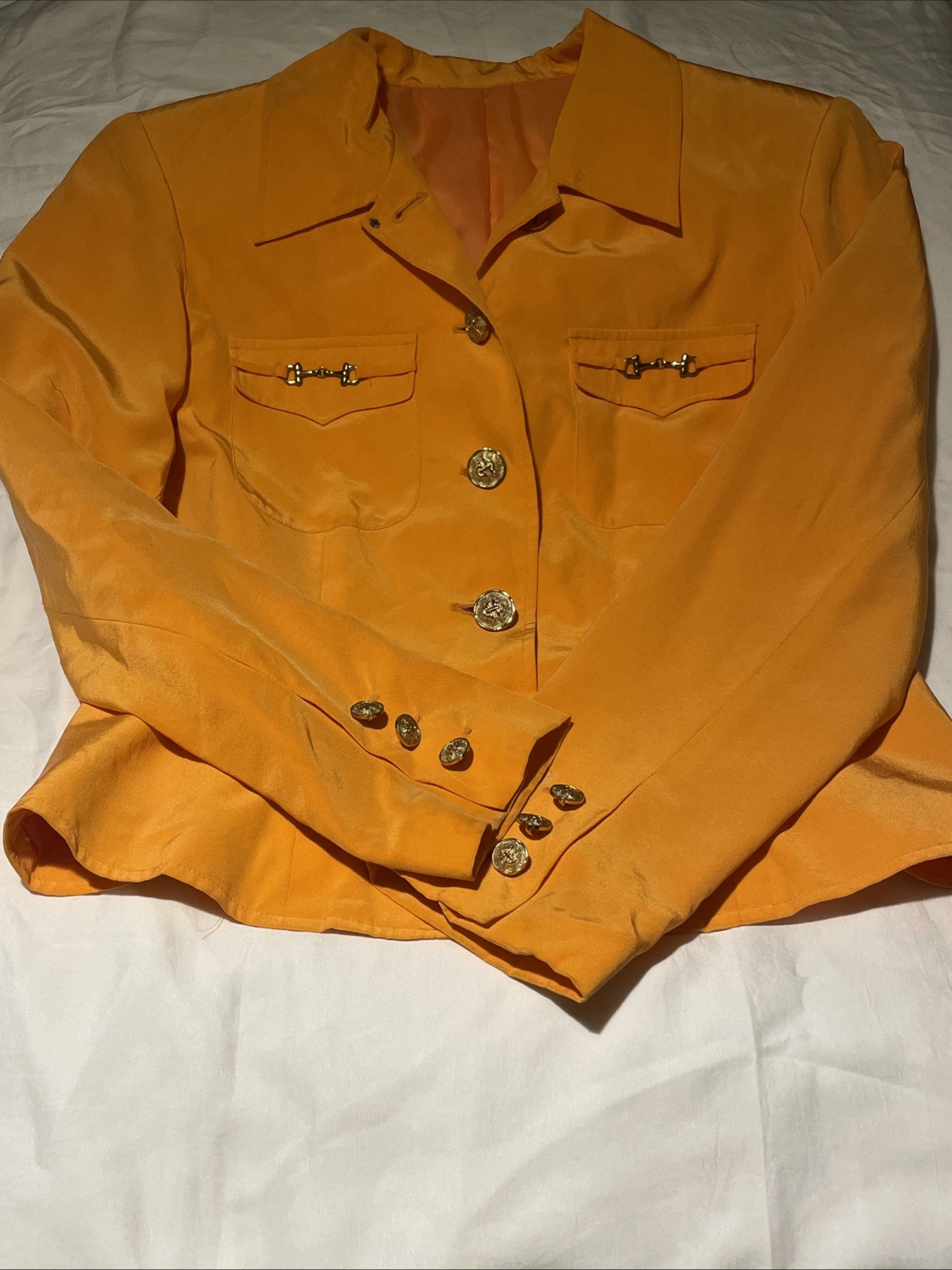 Vintage 100% Silk Mobwife Office Siren Orange Button Down Blazer ￼