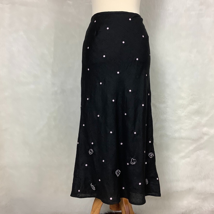 Vintage 80s 90s Black & White Polka Dot And Rosettes Irish Linen Midi Skirt