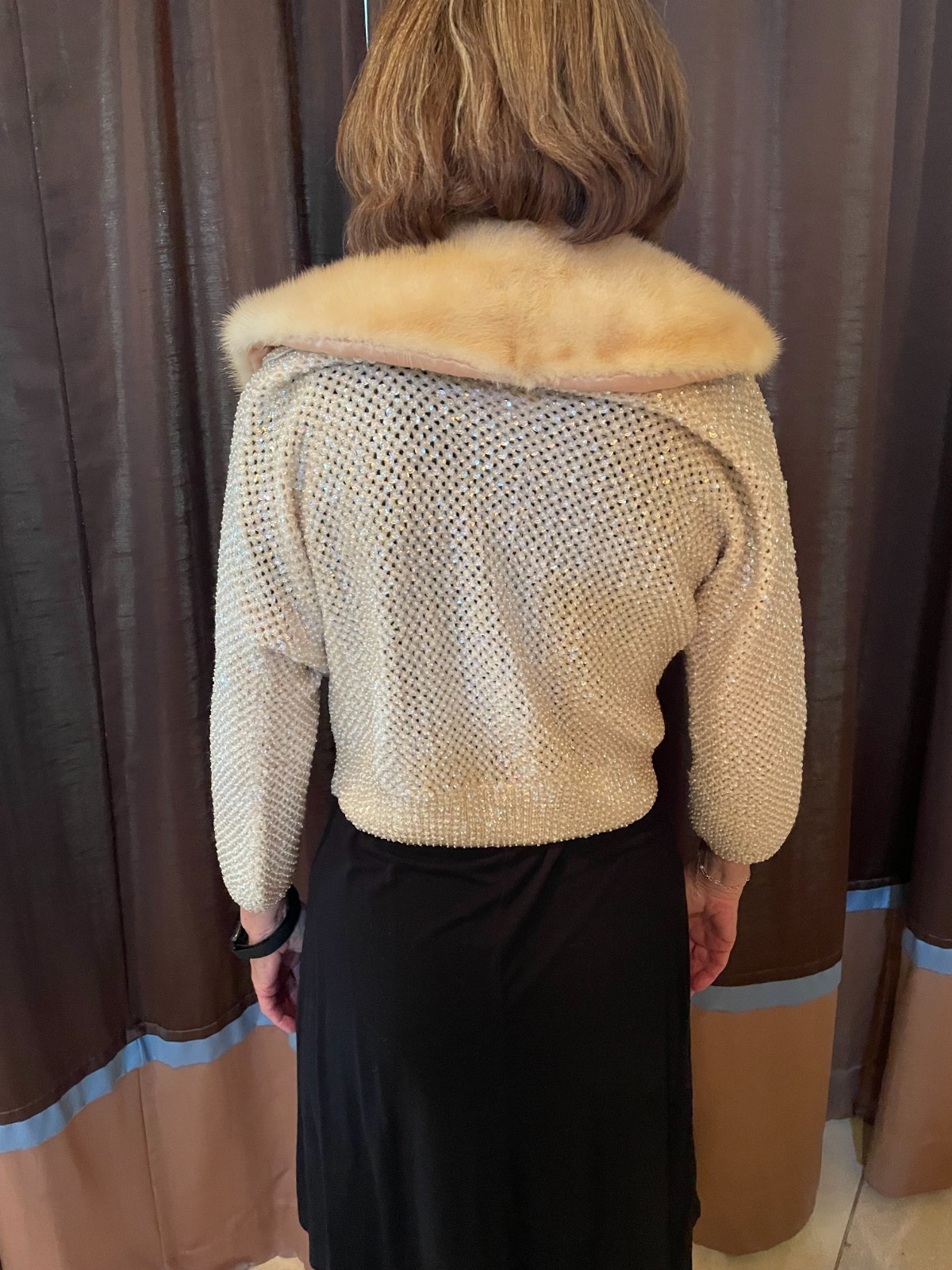 Vintage 1950s Hand Knitted Wool and Beaded Sequins Fur Collar Sweater/Jacket