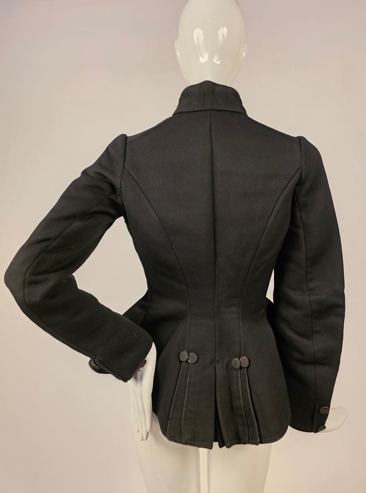 VICTORIAN 19TH C BLACK THICK JERSEY DBLE BUTTON BUSTLE BACK JACKET