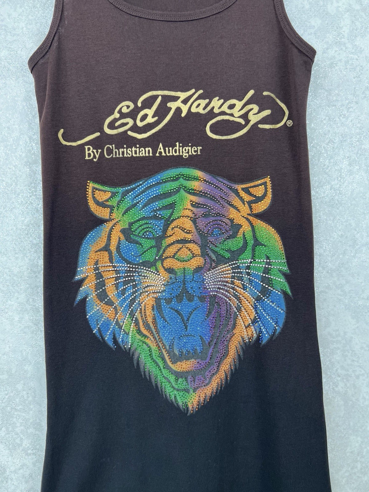 Vintage Ed Hardy Christian Audigier Tiger Rhinestone Ombre Tank Dress Brown Y2K