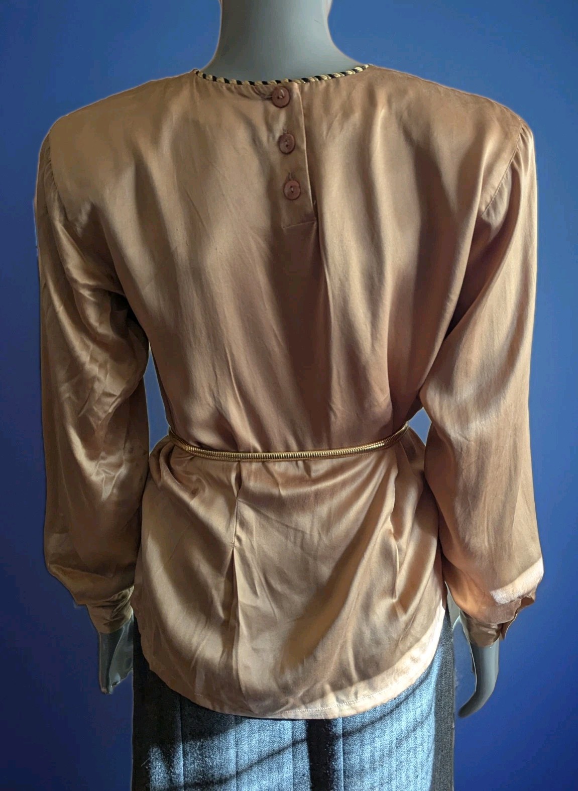 Vintage 1980s Casual Corner 100% Silk Satin-Finish Bronze Blouse Rope Trim 4