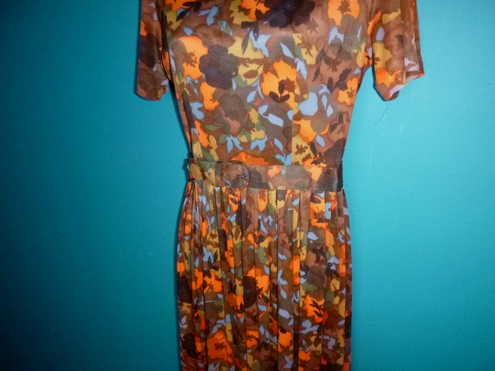 Vtg 60s Nylon Stretch Fabric Dress Multi Color Brown Orange Floral Sz S/M