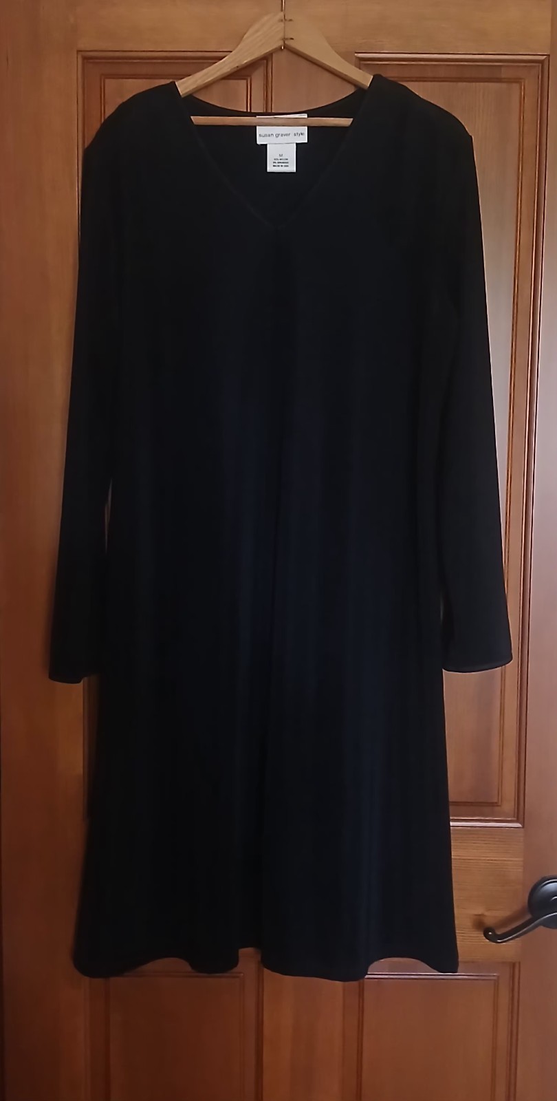 Vintage Susan Graver Black Size M Long Sleeve Mid-calf Flowy V-neck Dress