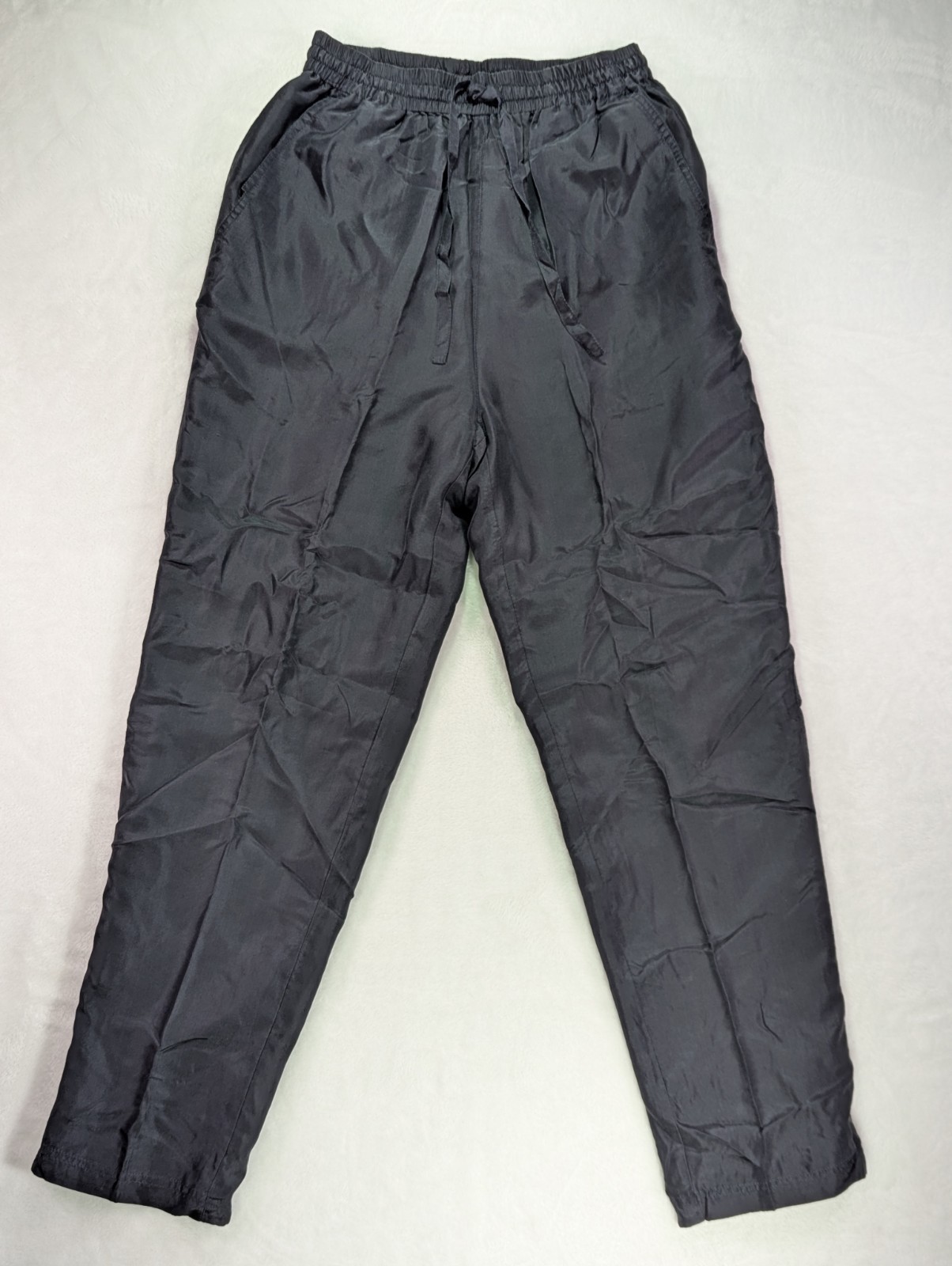 Vintage 80s Black Silk Track Pants Womens Size S Straight Leg Lined Pockets