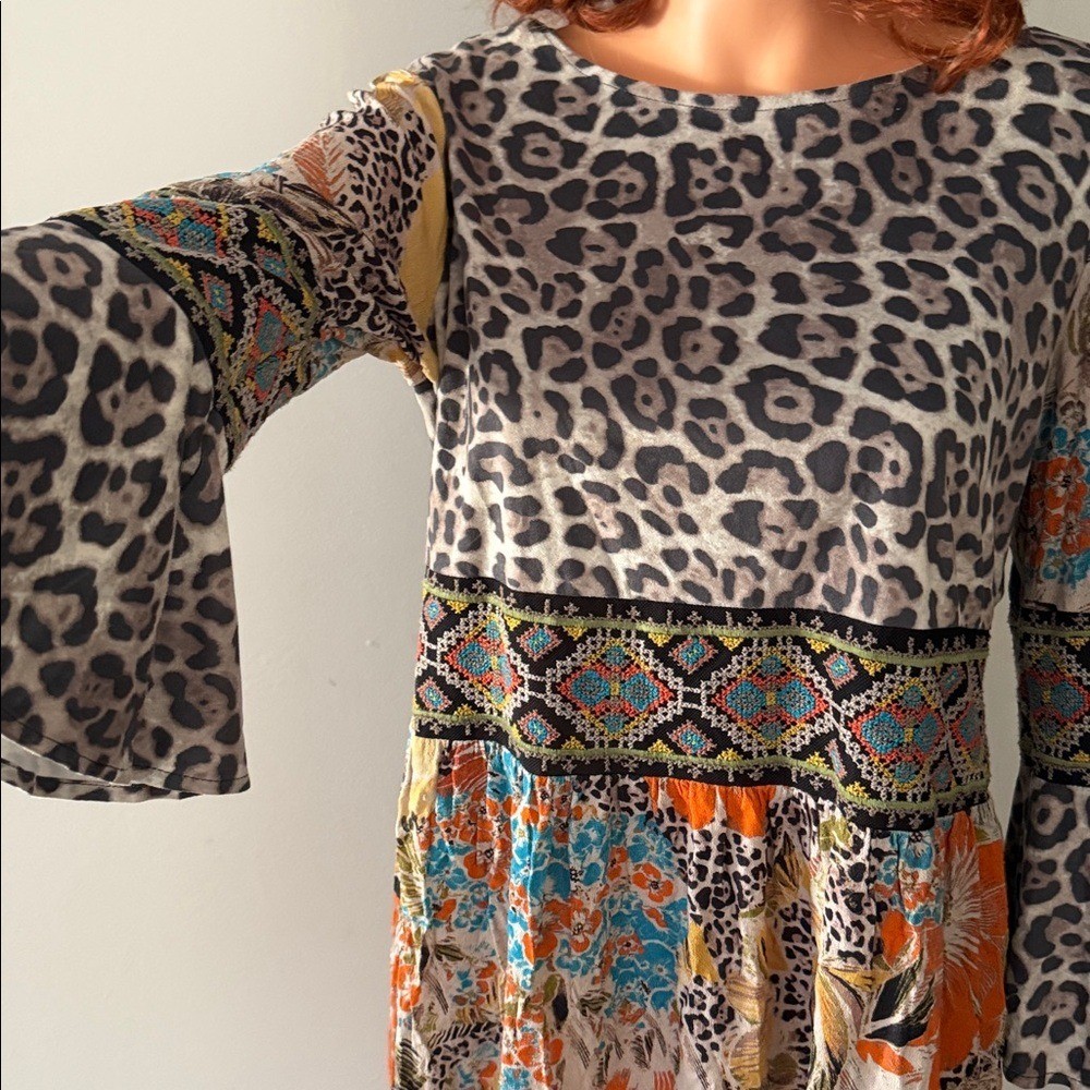 Y2K Sharon Young Leopard Peasant Fairy Floral Top Tunic Boho Vintage Boho M