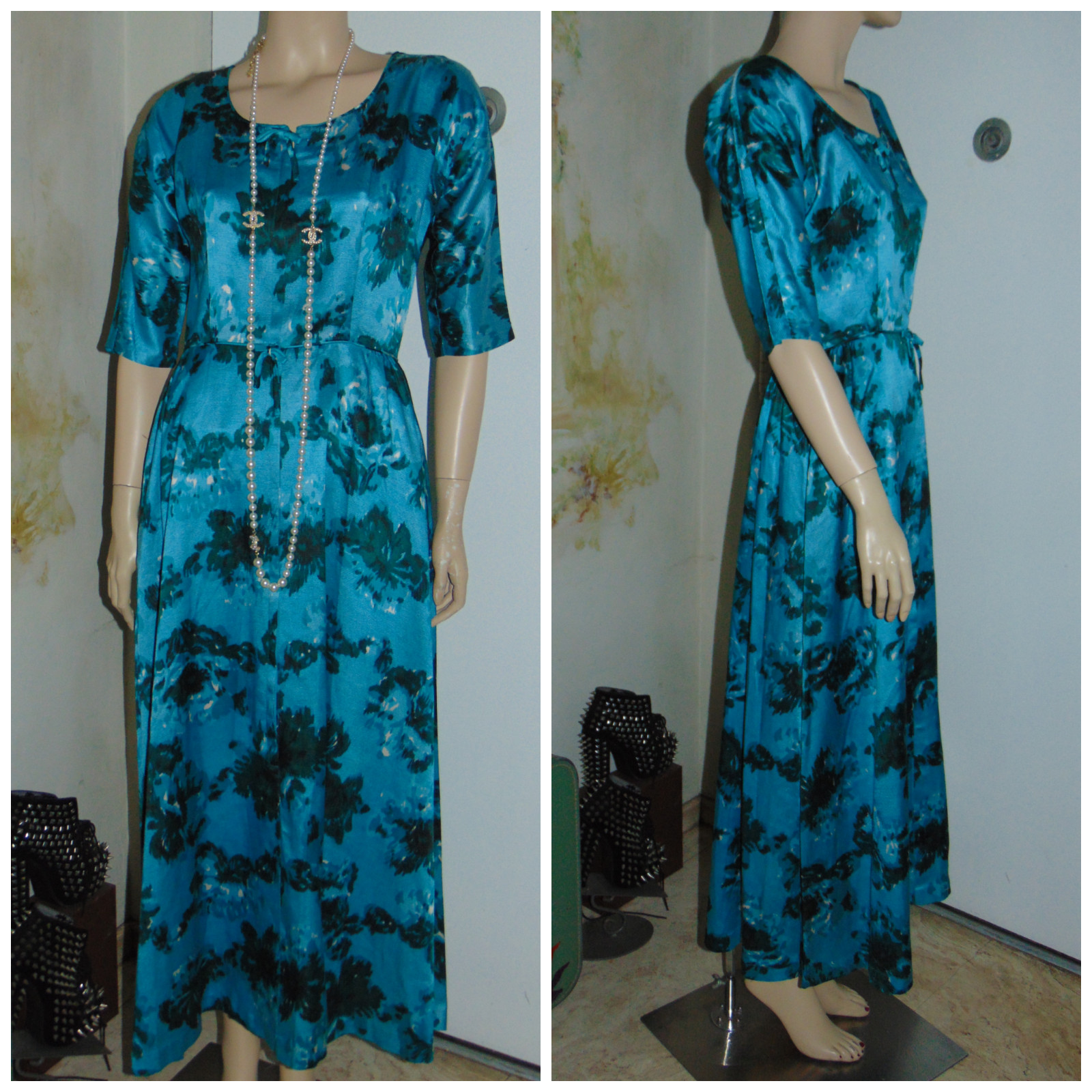 Vintage 60s 70s Keyloun Blue White Floral Abstract Print Maxi Dress M Union Made