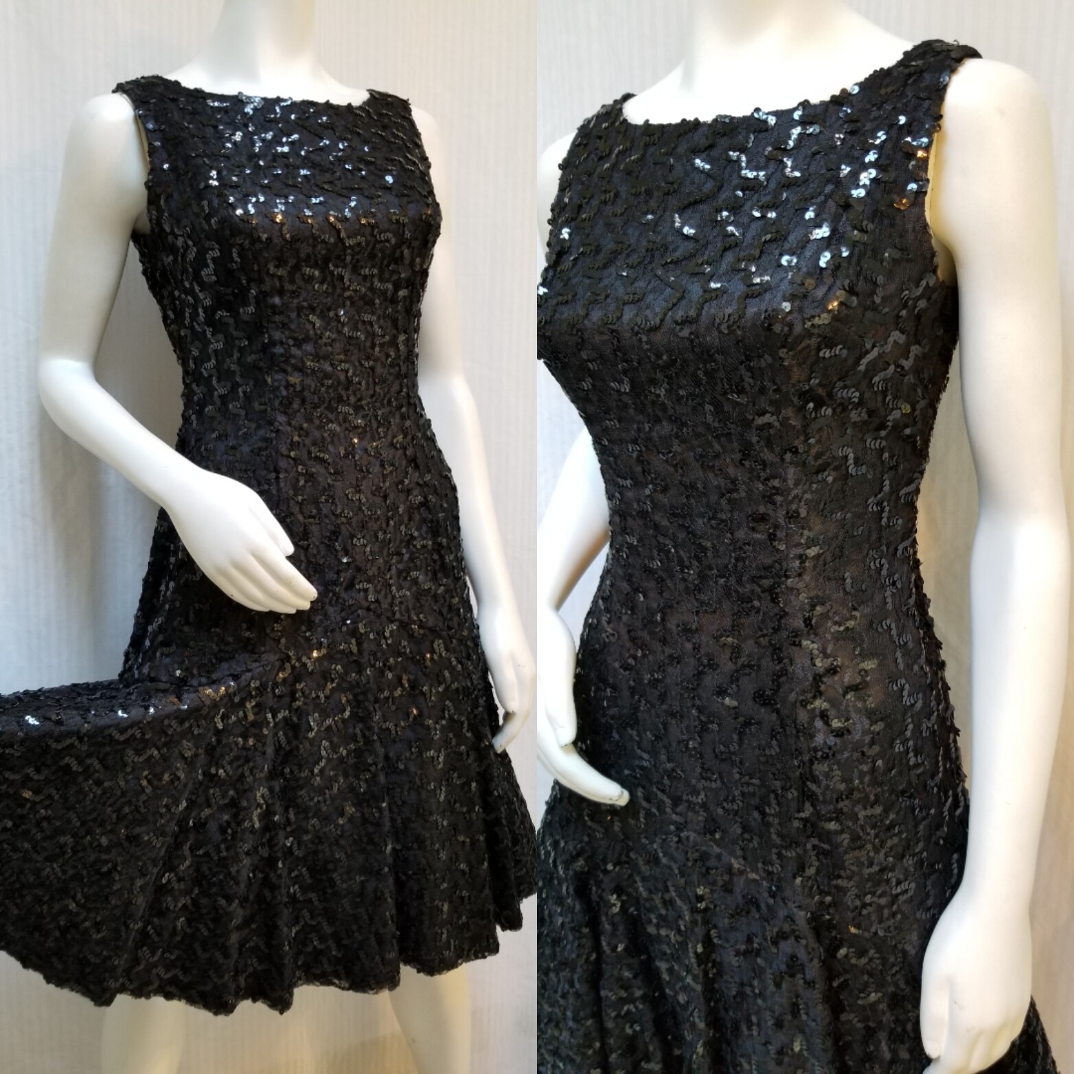 AMAZING Vintage Black Sequin Drop Waist Fit N Flare Dress with Petticoat – Sz M