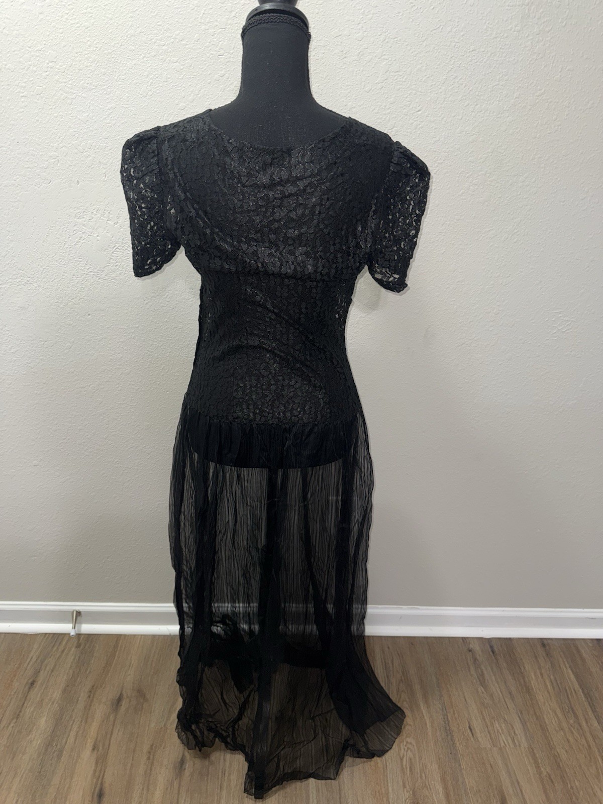 VTG Black Floral Lace Maxi Gown Sheer Tulle Skirt Gothic Whimsical XS S 56″ L