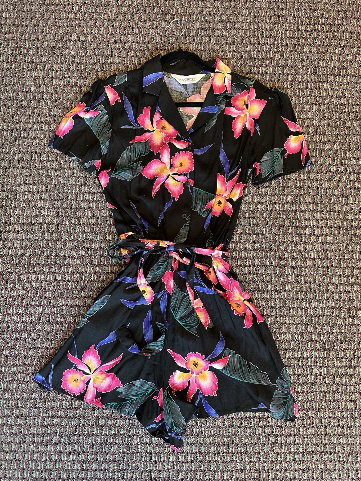 Vintage 80s Floral Print Romper Playsuit Black Tropical Print Stretchy S/M