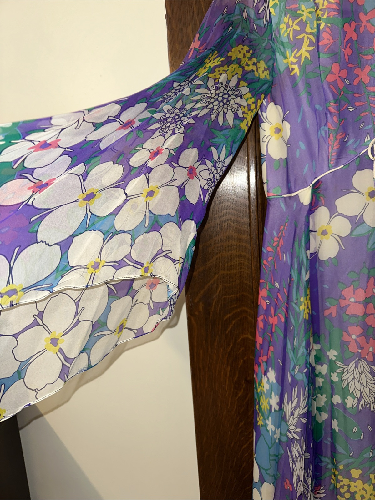 Vintage 60s 70s Parues Feinstein Flowy Flower Purple Long Dress Floral Sheer