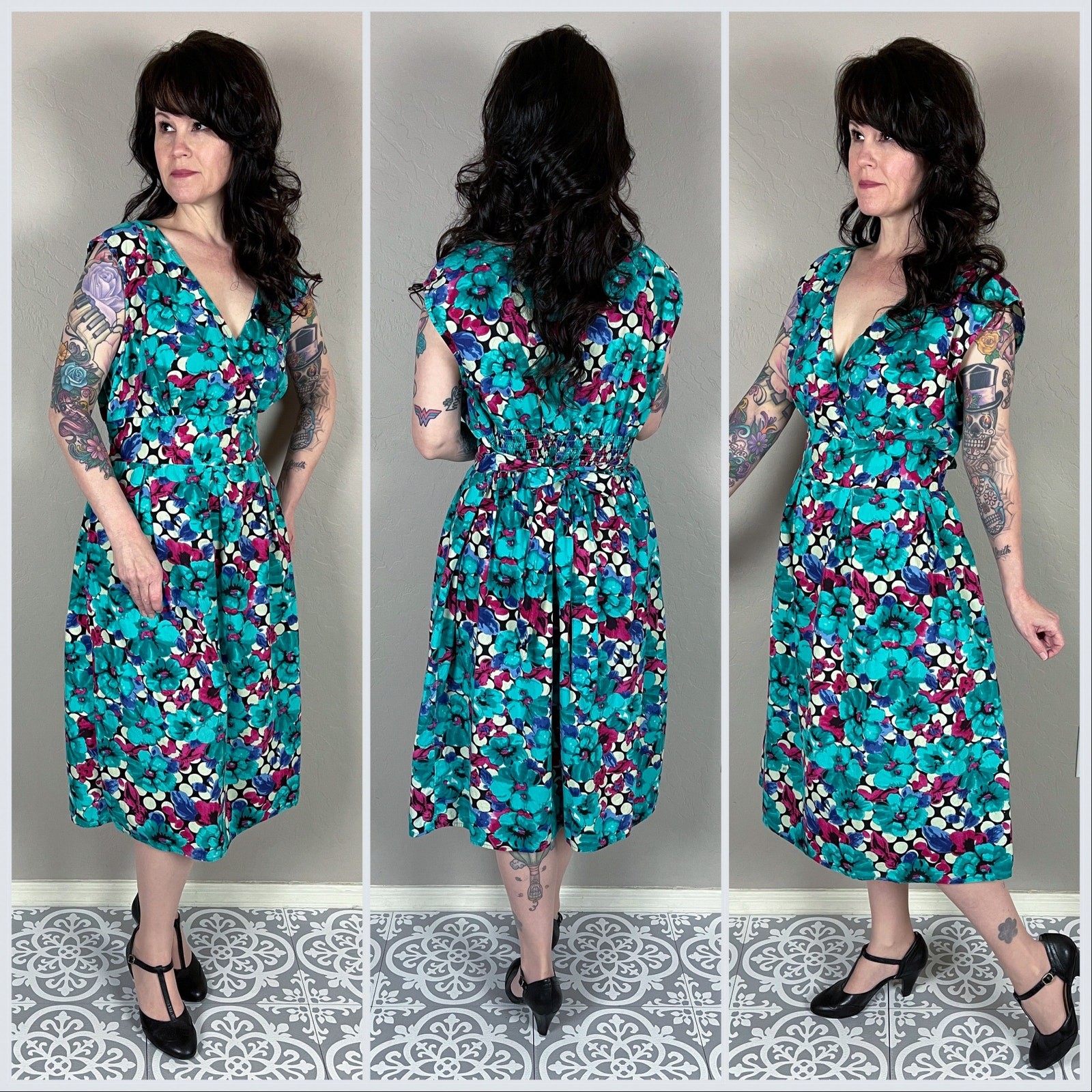 Vintage 1990s Teal Floral & Polka Dot Print Sleeveless Cotton Dress – 36″ Waist
