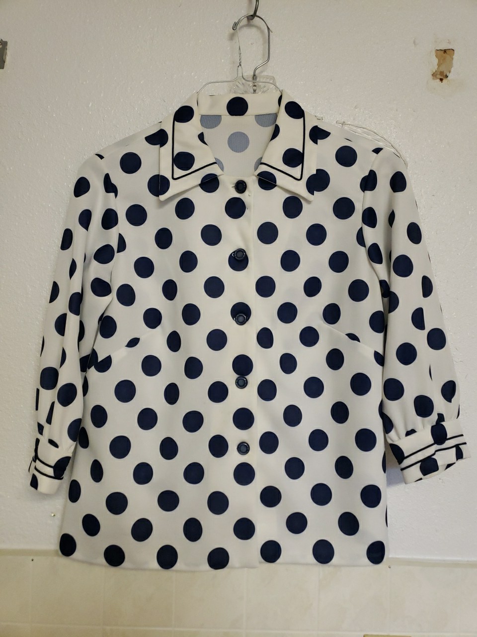 Vintage 70s Shirt Womens Collar Top Big Polka Dot Artistic Disco Navy White M-L
