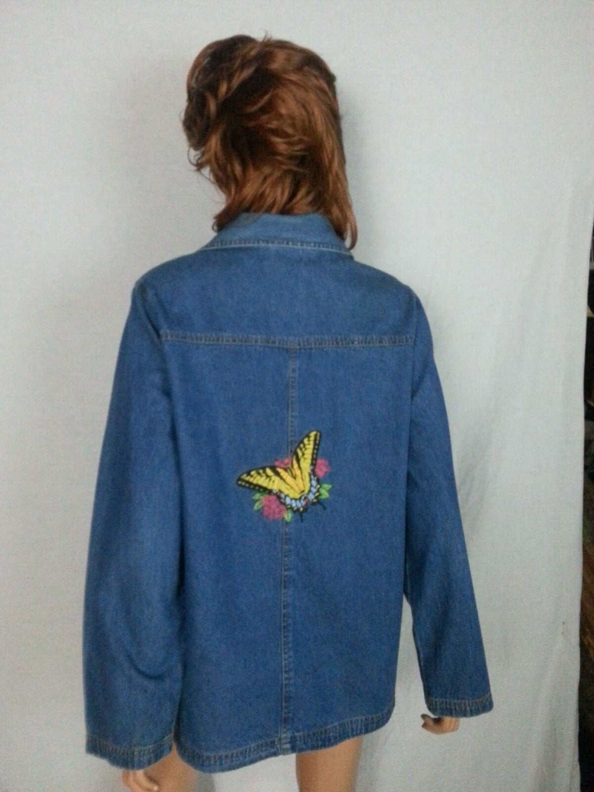 Vtg Women Blair Blue Jean Denim Jacket Coat Leaves Embroidery Butterfly Patch M