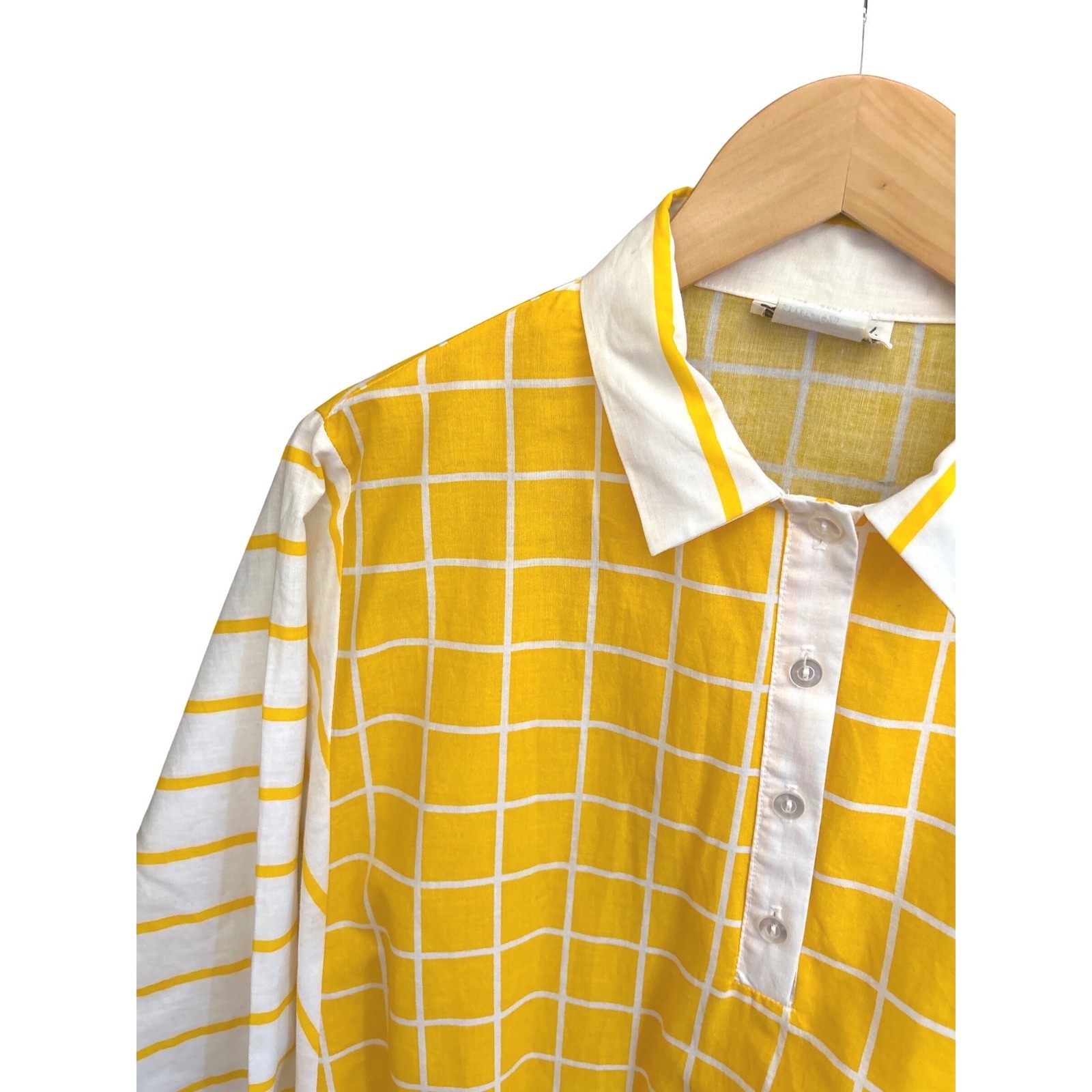 80s Jon Woods New York Blouse Yellow Grid Stripe Retro Preppy