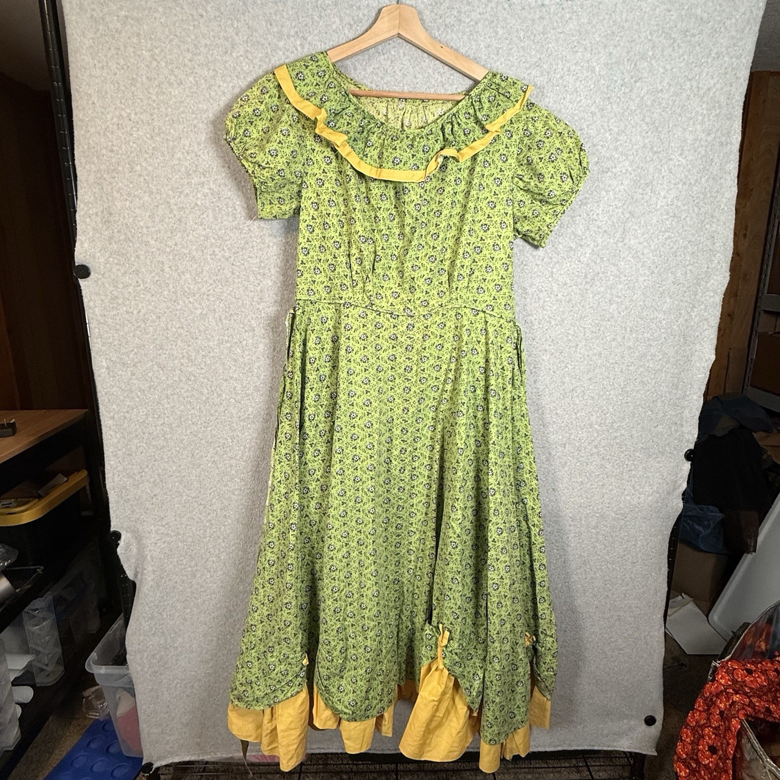 Vintage 70s Handmade Maxi Dress Womens Small Green Yellow Floral