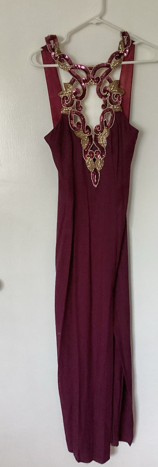 Vintage Zum Zum Gown Beaded Bodice Halter Satin Size 3-4 Maroon Front Slit