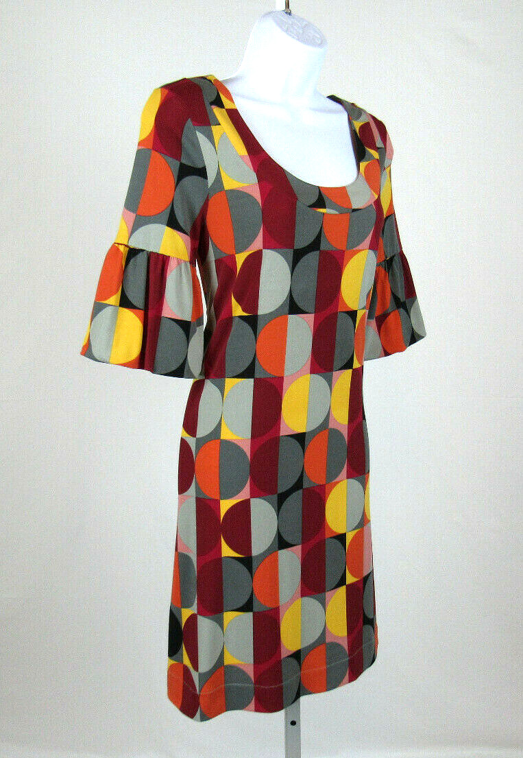 VTG 1980s 90s ELLE SMALL POLY SPANDEX DRESS MOD GEOMETRIC PATTERN PUFFY CUFFS