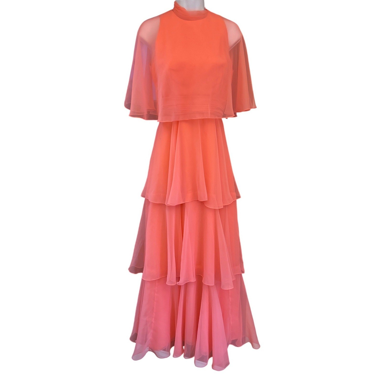 Vintage Miss Elliott Dress Coral Chiffon Tiered Capelet 70s Retro Romantic Gown