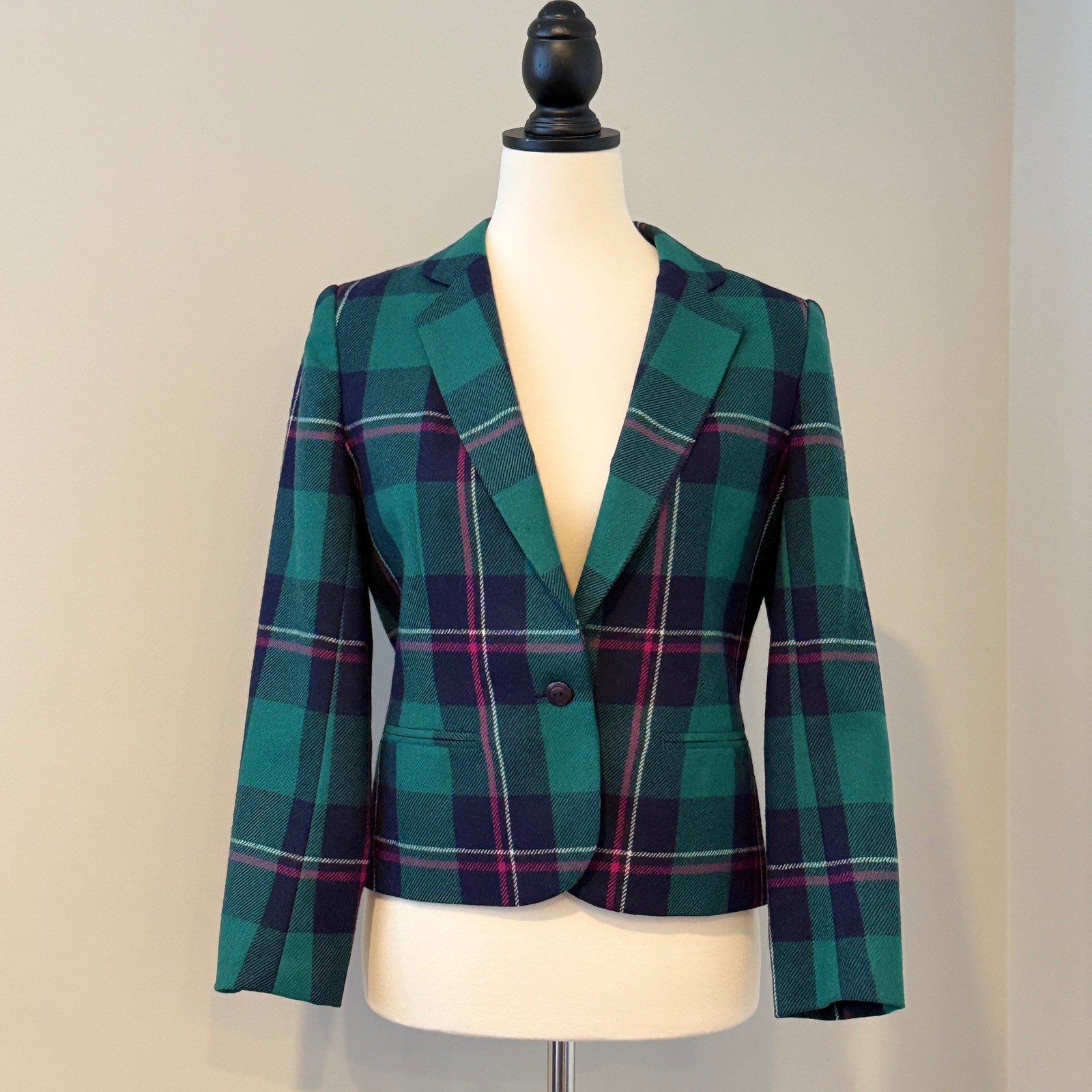 Vintage 80s Plaid Wool Blend Blazer – Teal Green Navy Pink – Petite Size 10