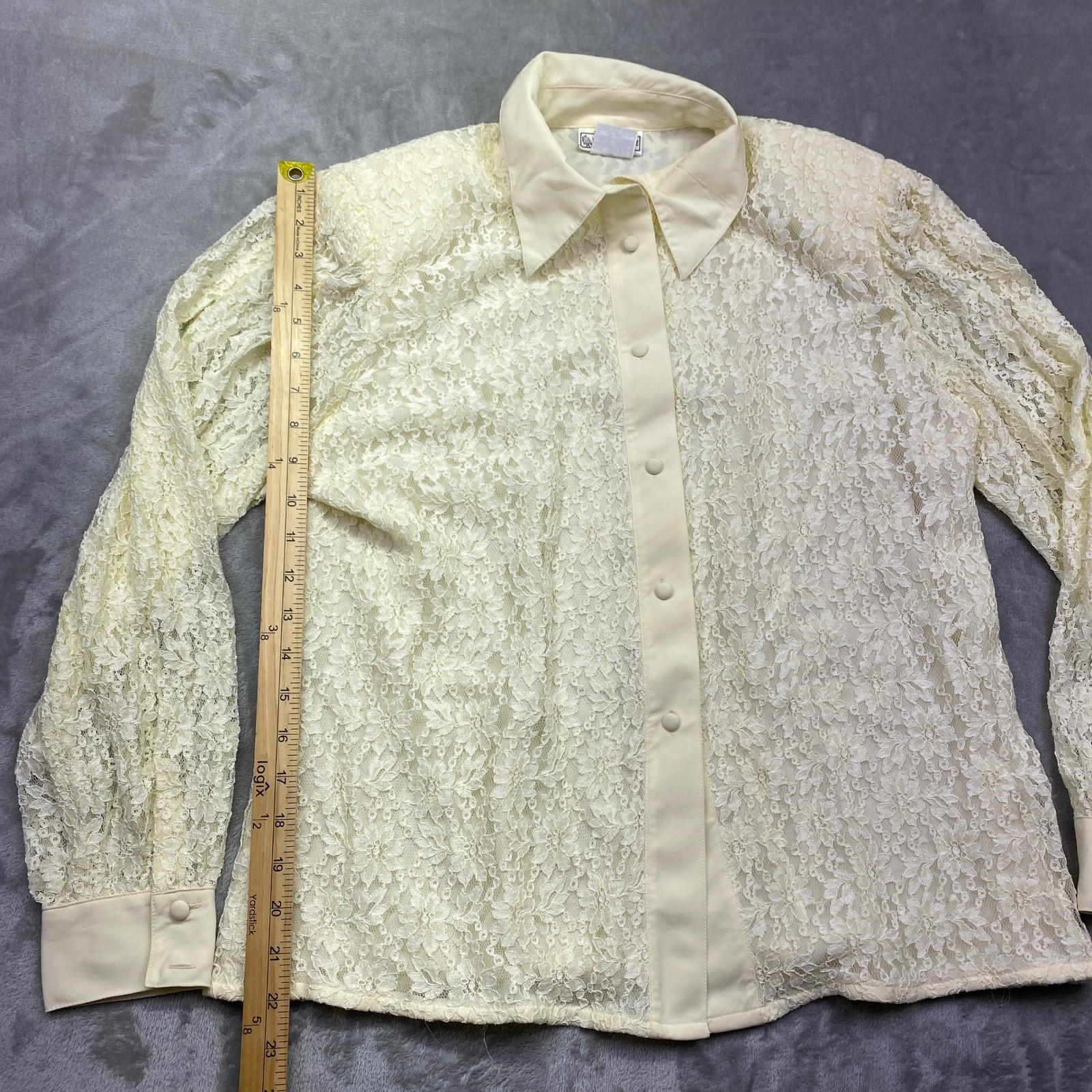 Evan-Picone Vintage Cream Floral Lace Button Up Blouse Size 14 Ivory Long Sleeve
