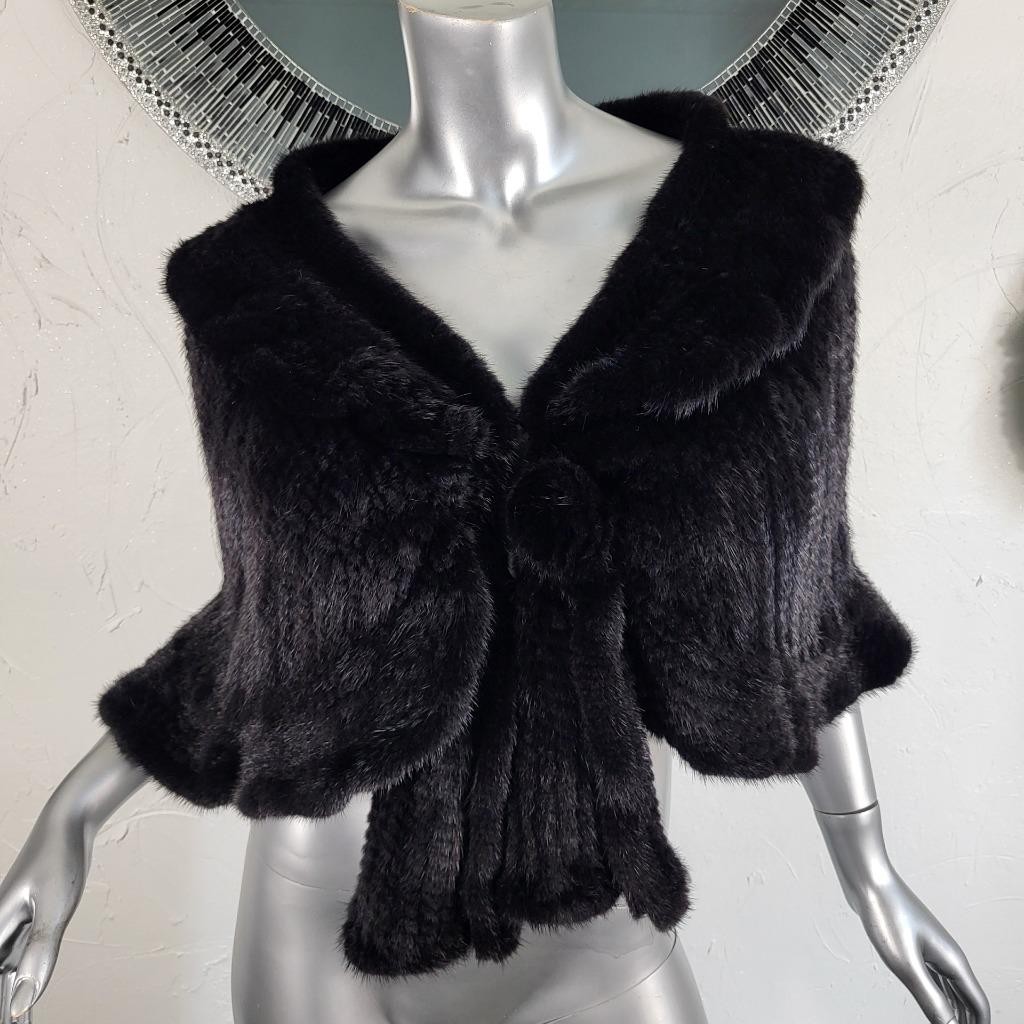 SAKOWITZ~S/M/L~VINTAGE BLACK KNITTED GENUINE REAL MINK FUR STOLE WRAP CAPE COAT