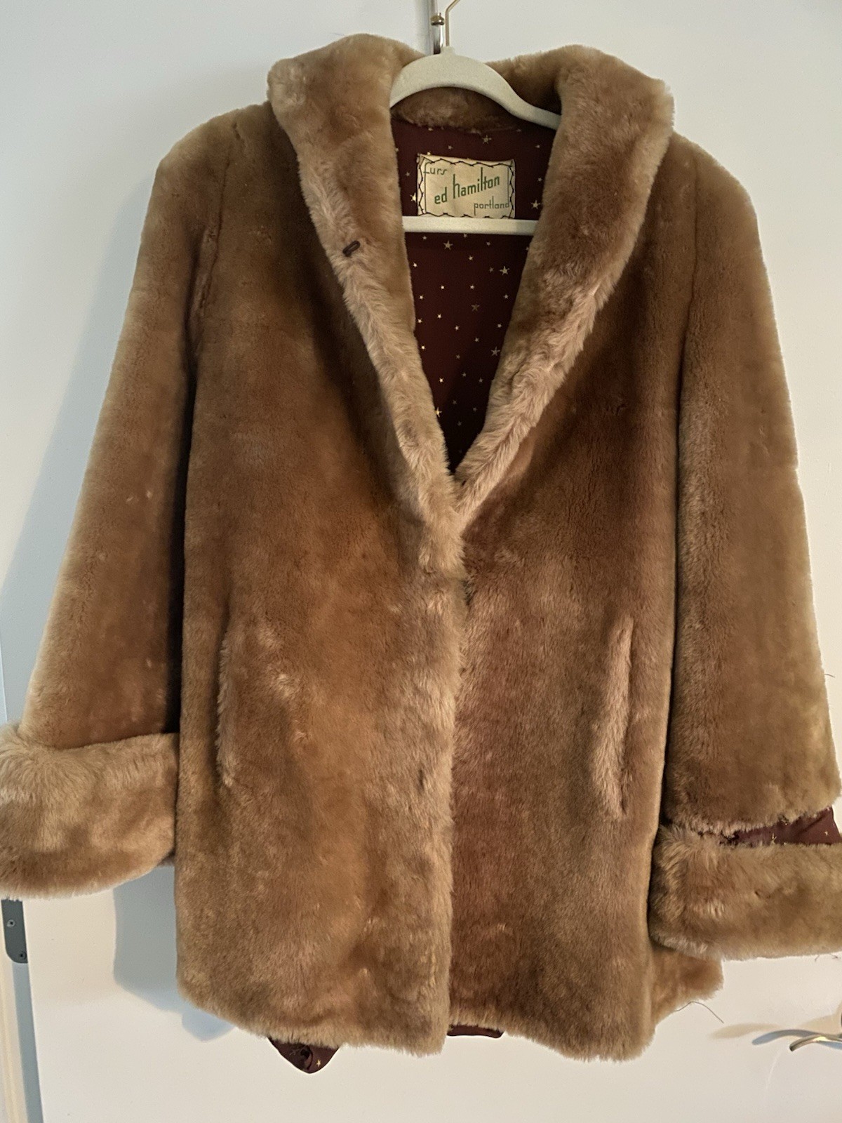 Ed Hamilton Portland Brown Fur Coat Jacket w/ Star Print Lining