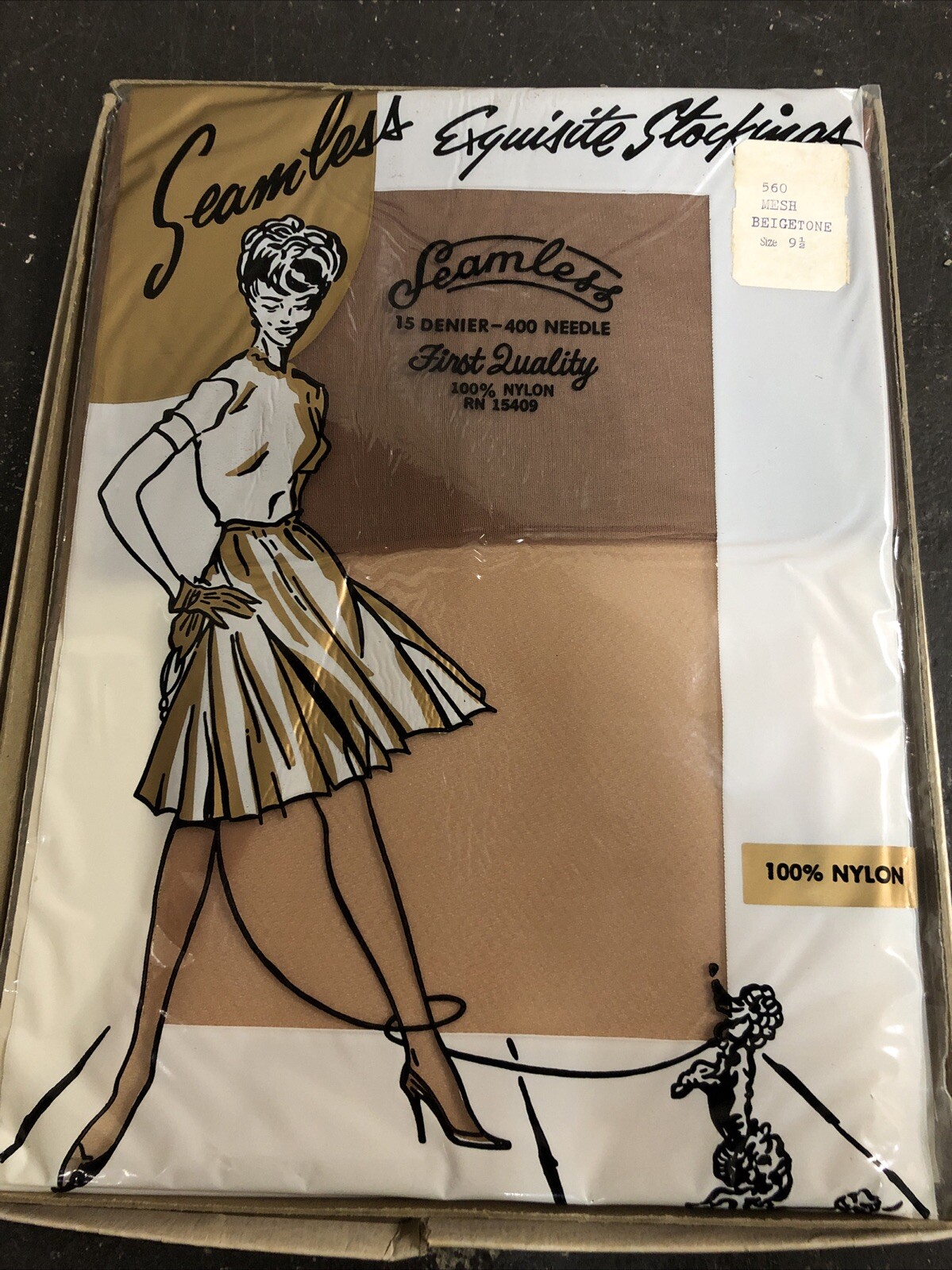 Vtg 50’s 60’s Garter Nylons Hosiery Seamless Exquisite Stockings Beigetone 9.5