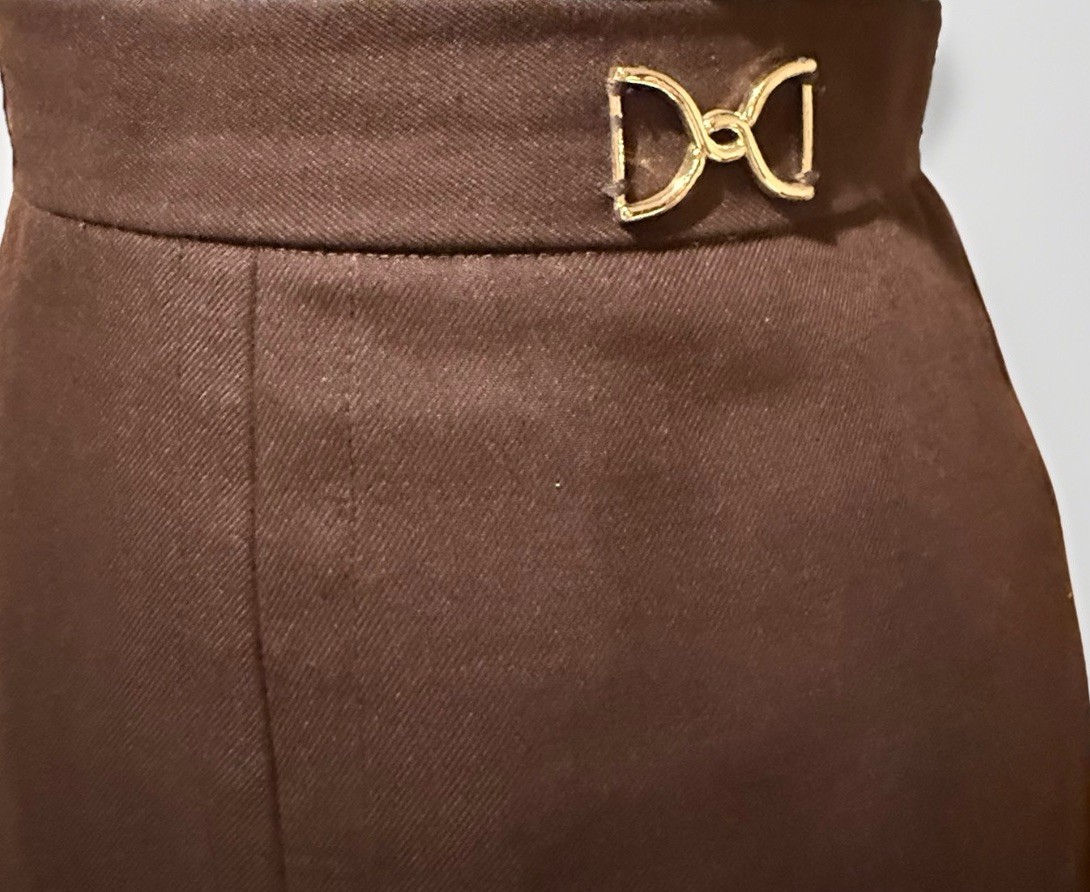 Vintage 70s Custom Brown High Waisted Aline Retro Midi Skirt Slit Secretary S