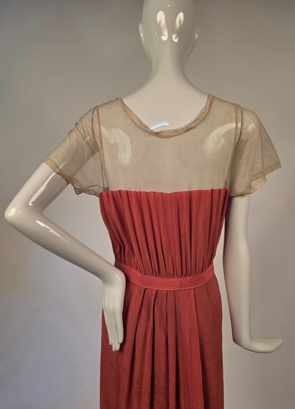 EDWARDIAN LONG SILK DRESS W LACE TRIMMED SHEER NET TOP