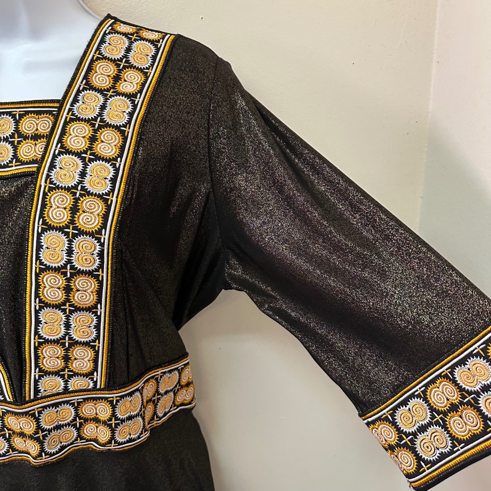 Vintage 90s Black Metallic Gold Embroidered Trim Fit Flare Tie Back Dress L
