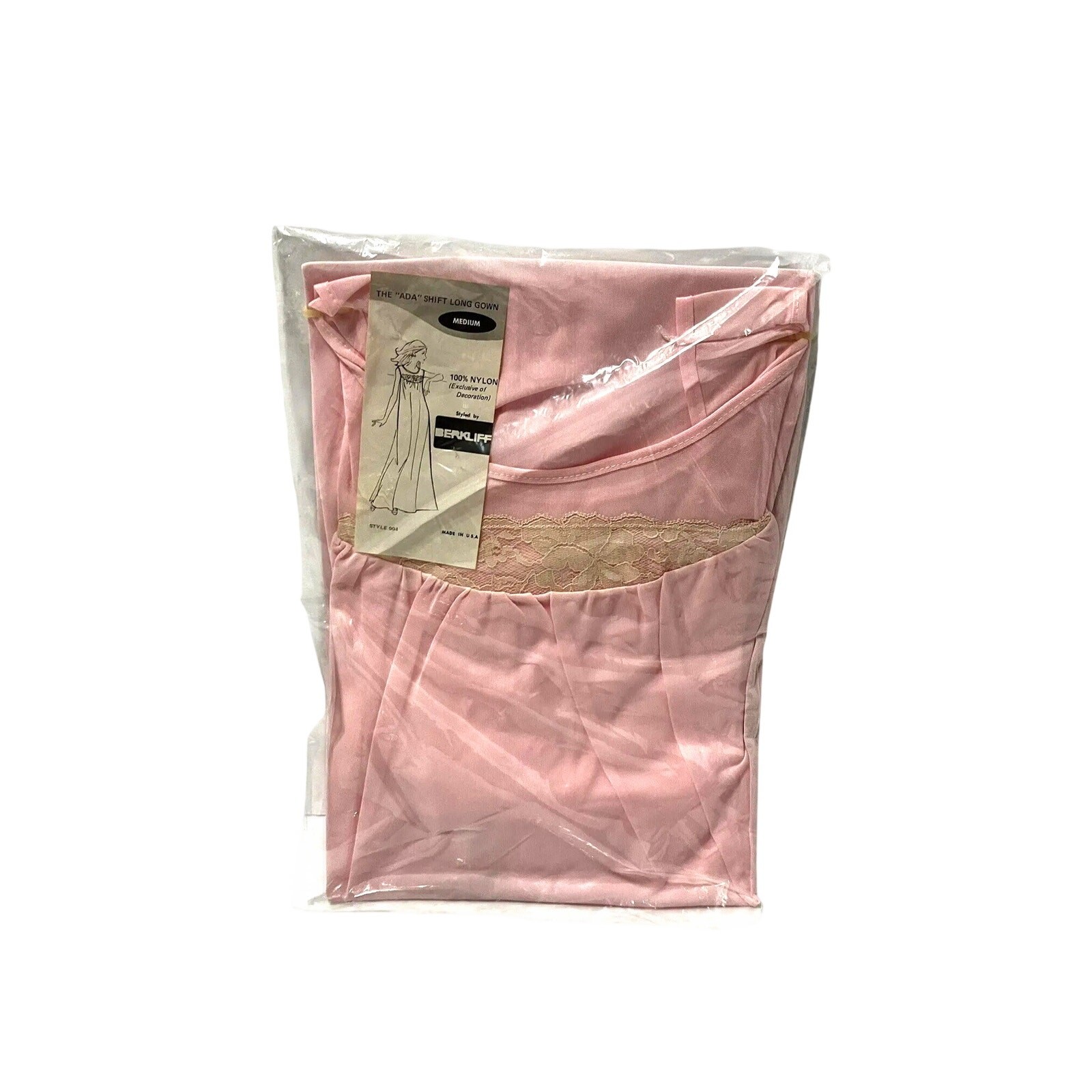 Pink Shift Nightgown Berkliff All Nylon Lace 1960s Dress Pajama Vintage NEW