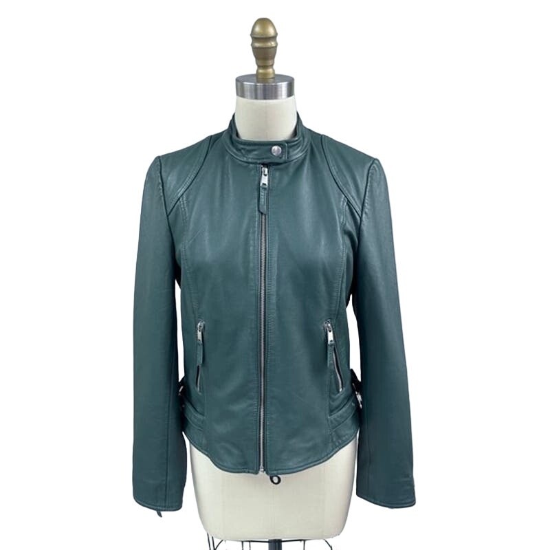 NWOT Liebeskind Berlin Lamb Leather Biker Jacket Blue Green L Feather Lined Sz L
