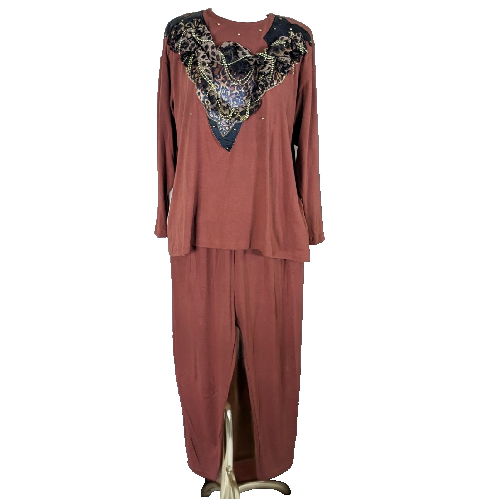 Vintage 1980s AFSY Collection 2Pc Lounge Set Leopard Trim Rust Brown OSFM USA