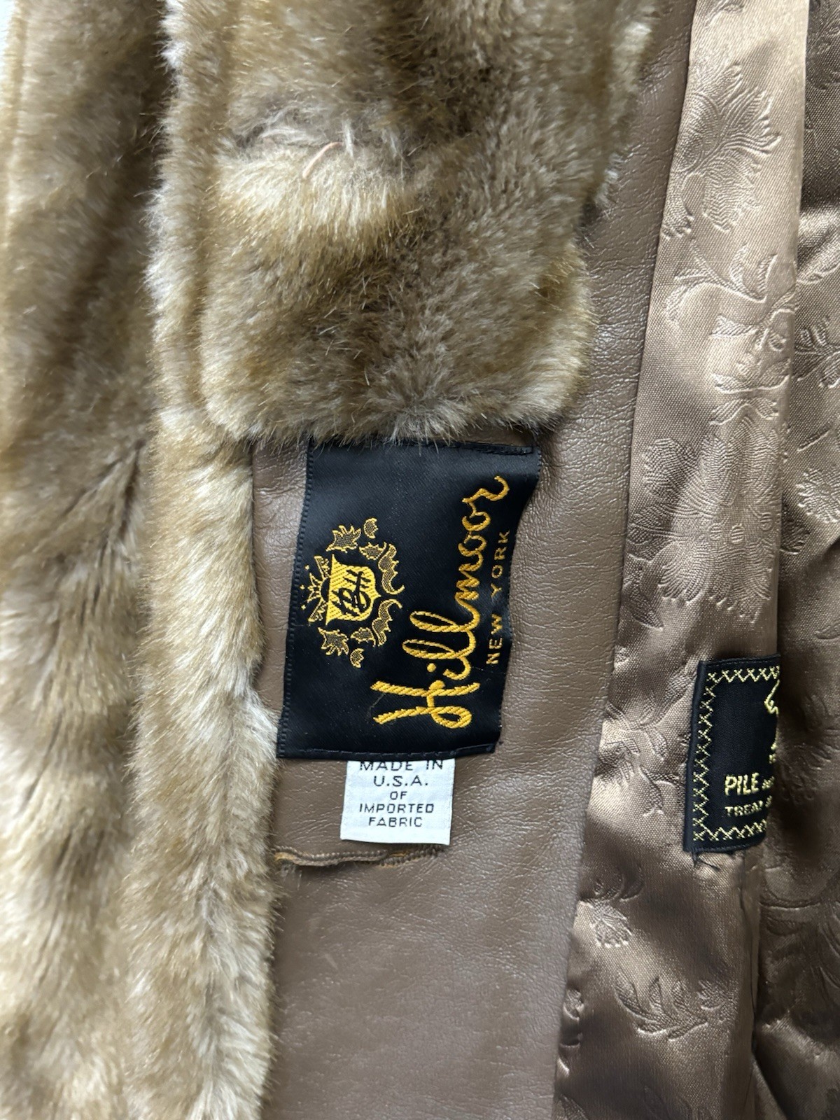 Vintage Hillmoor New York Faux Fur Collar Coat Jacket Brown Leather Look USA Mad