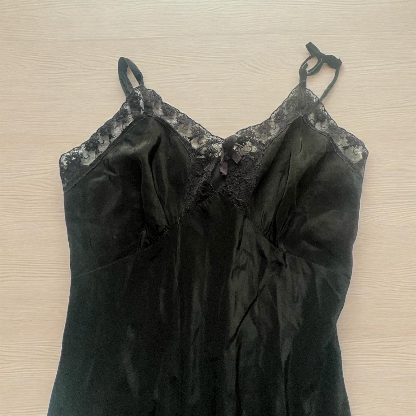 VTG 1960 Black Slip Dress Lace Ribbon Trim Spaghetti Adj Straps Keyhole Front XS