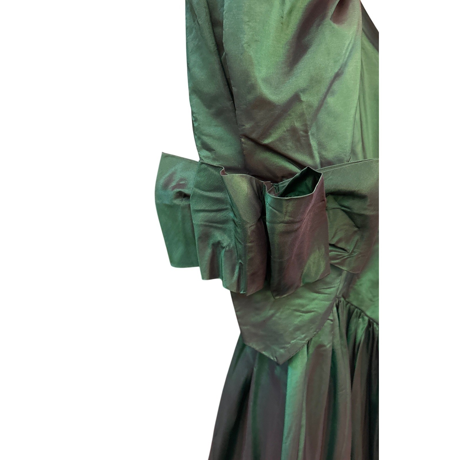 80s Unbranded Taffeta Dress Emerald Green Puff Sleeve Prom Party Gown Vintage