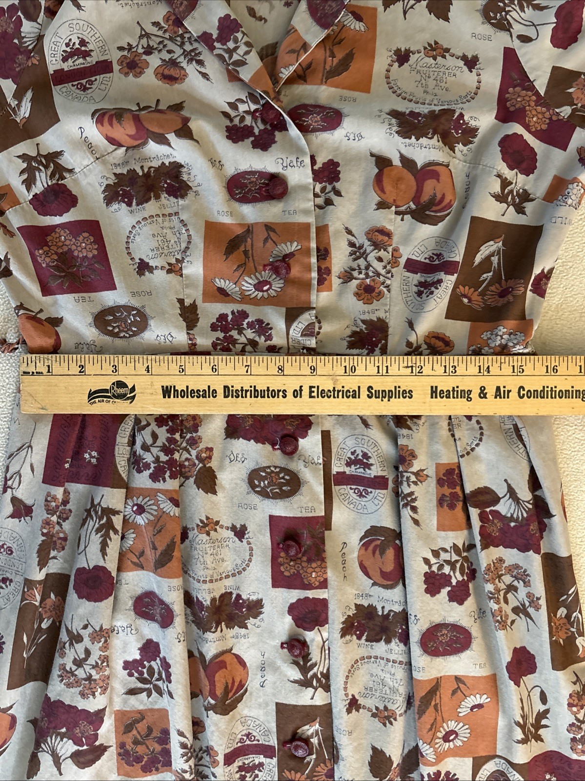 Vintage 1960’s Classic Shirtwaist Dress Tan Maroon Orange Graphics Fruit/Flowers