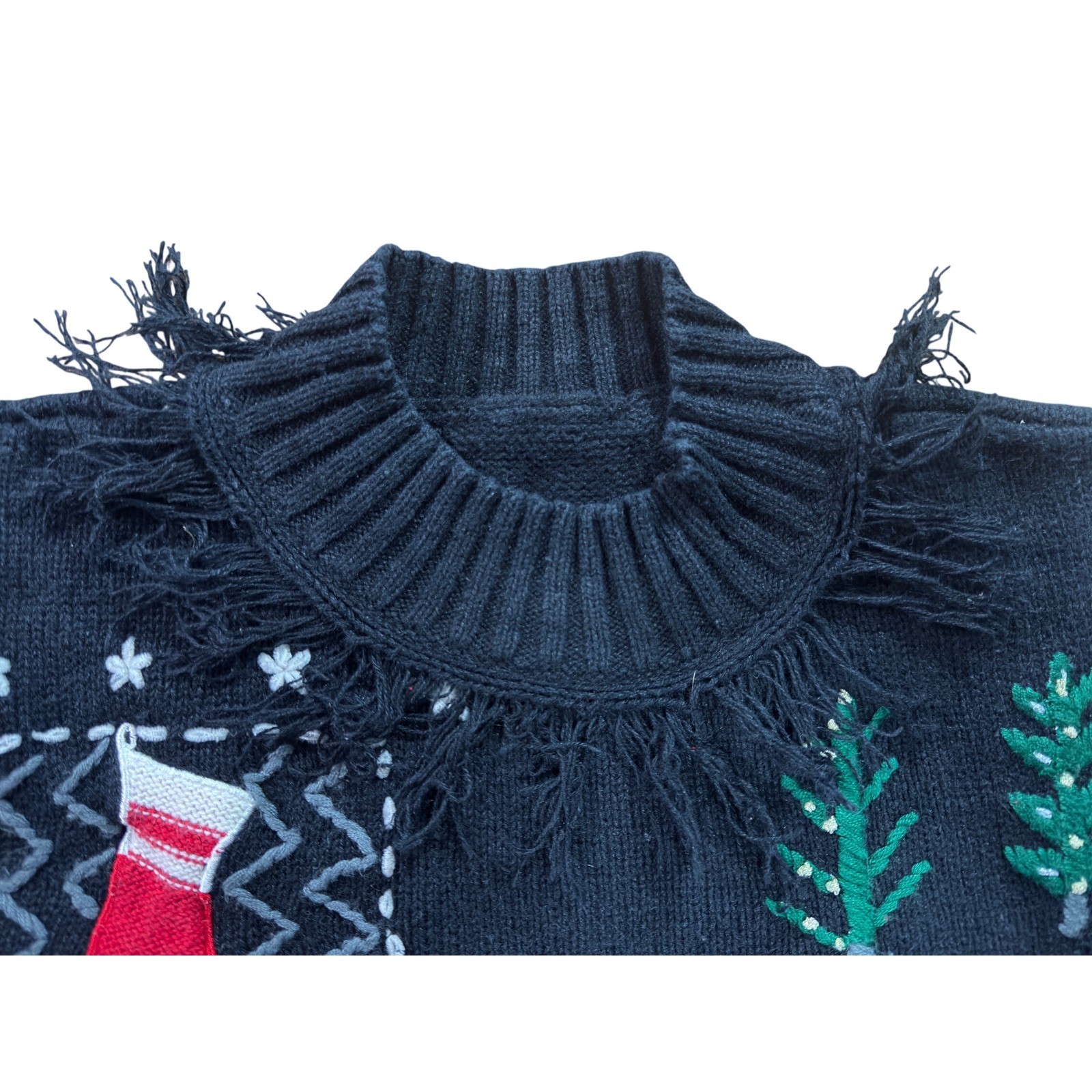 Vintage Christmas Sweater Women Large Black Fringed Mock Neck Penguin Stocking