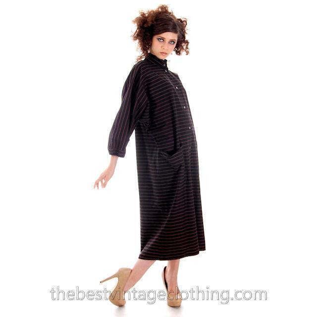 VTG Vuokko Finland Minimalist Mod Black Cotton Stripe Dress S SIlver Popper Snap
