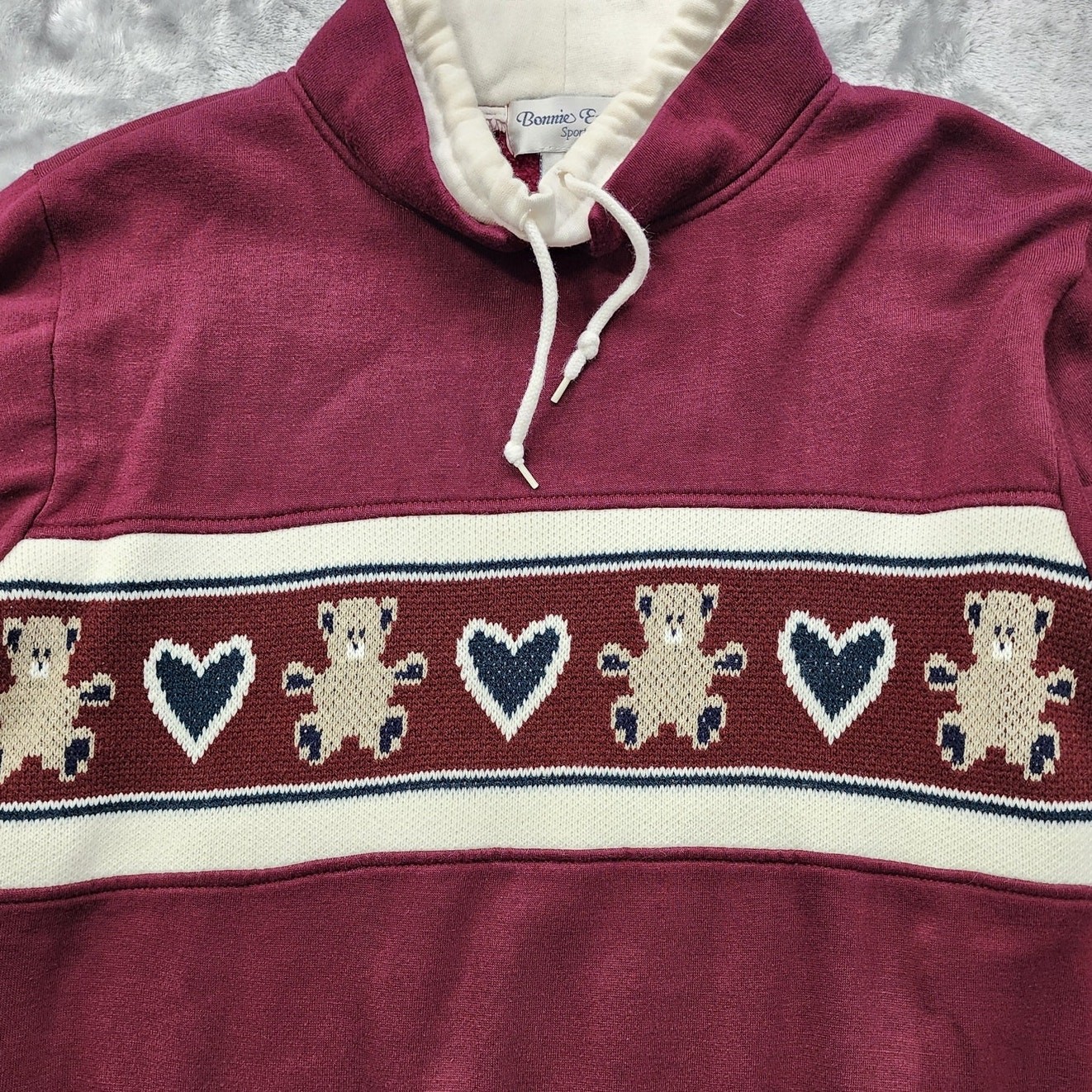 Vintage 90s Bonnie Evans Sport Sweatshirt Women M Funnel Neck Teddy Bears Hearts